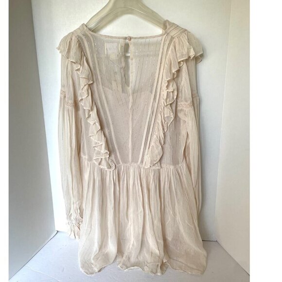 Anthropologie Ruffle Tunic Top Womens Ivory VNeck Long Sleeve Fairycore Metallic - Picture 4 of 12